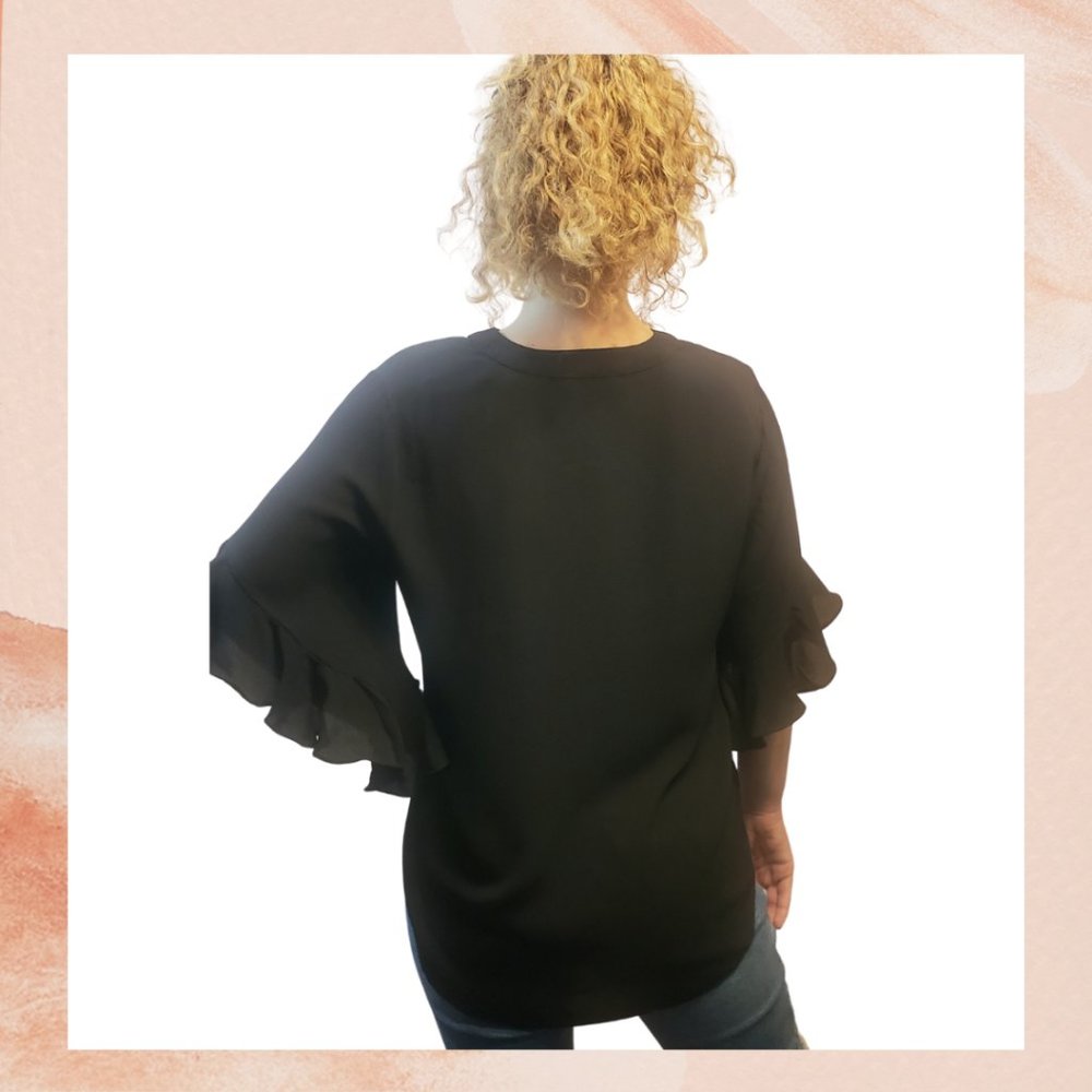 NWOT Black Half Flutter Bell Sleeve V-Neck Button Blouse - Picture 3 of 5